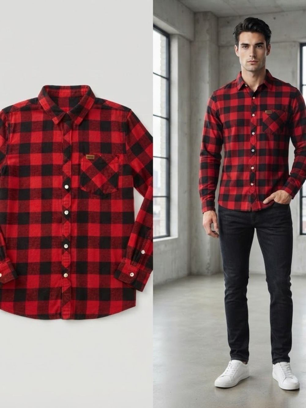 Simply Southern Red and Black Buffalo Plaid Men's Flannel Button-Down Shirt Med